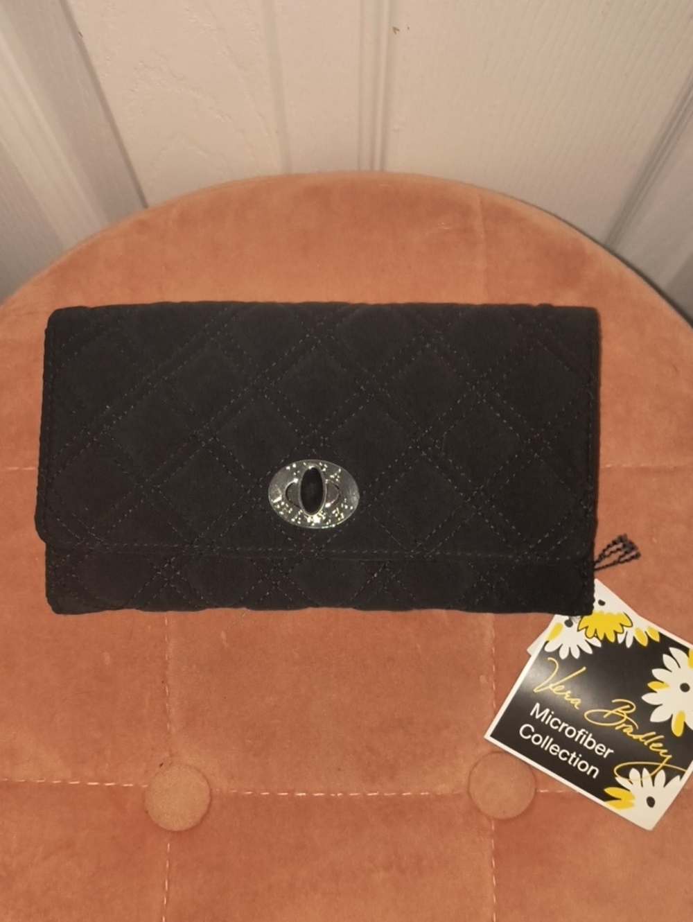 Vera Bradley Black Turnlock Quilted Microfiber Wallet NWT